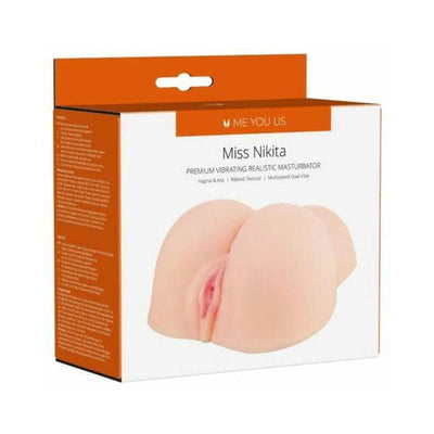 Packaging box of Miss Nikita premium vibrating realistic masturbator with lifelike design and dual entry points.