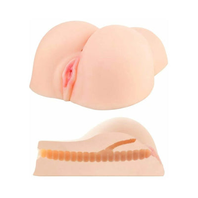 Realistic dual-entry vibrating masturbator with textured internal tunnel and lifelike design in soft skin tone.