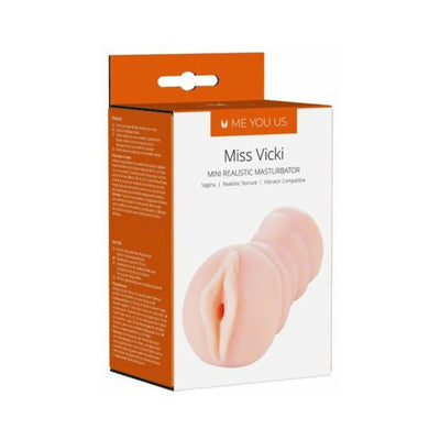 Packaging box of Myu Miss Vicki realistic mini masturbator in soft skin tone with orange and white design.