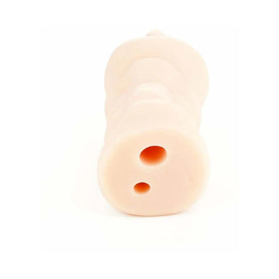 Front view of the Myu Miss Vicki realistic masturbator showing dual openings on a soft, skin-toned textured sleeve.