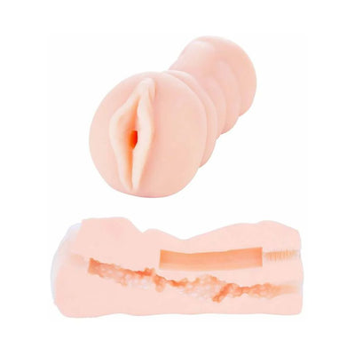 Realistic flesh-toned masturbator with textured internal tunnel and removable bullet vibrator compartment shown in full and cross-section view.