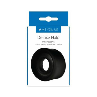 Black silicone Myu Deluxe Halo pump sleeve in white and blue retail packaging.