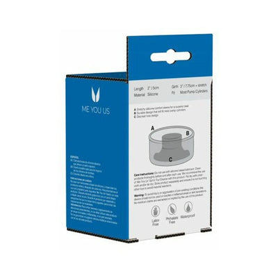Blue and white packaging box of Me You Us Deluxe Halo black silicone pump sleeve with product details and care instructions.