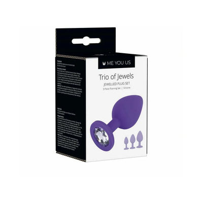 Packaging of Me You Us Trio of Jewels 3-piece purple silicone training plug set with jeweled bases.