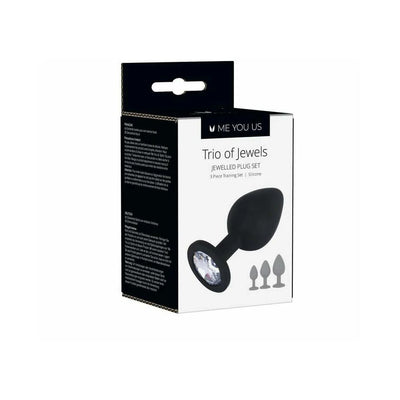 Packaging box for Me You Us Trio of Jewels 3-piece black silicone training plug set with jeweled bases.