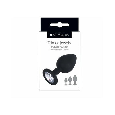 Me You Us Trio of Jewels black silicone butt plug set with jeweled bases in small, medium, and large sizes.