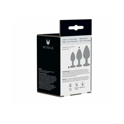 Packaging box of Me You Us Trio of Jewels 3-piece black silicone training plug set with product details and care instructions.
