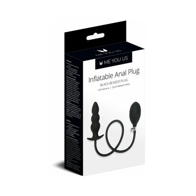 Packaging box of Me You Us black inflatable anal beaded plug with attached pump and hose shown on front.