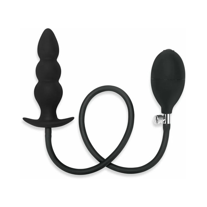 Black inflatable anal plug with beaded design and attached hand pump for adjustable size and comfort.