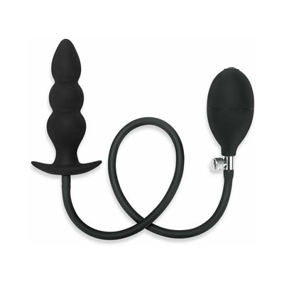 Black inflatable anal plug with beaded design and attached hand pump for adjustable size and comfort.
