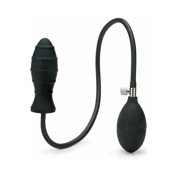 Black inflatable anal plug with ribbed texture and attached hand pump for adjustable size and comfort.