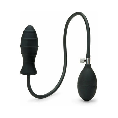 Black inflatable anal plug with ribbed texture and attached hand pump for adjustable size and comfort.