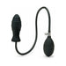 Black inflatable anal plug with ribbed texture and attached hand pump for adjustable size and comfort.