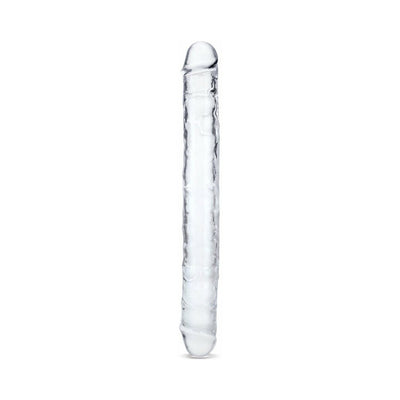 Clear double-ended flexible dildo with realistic textured tips and smooth finish, 15 inches long.
