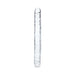 Clear double-ended flexible dildo with realistic textured tips and smooth finish, 15 inches long.