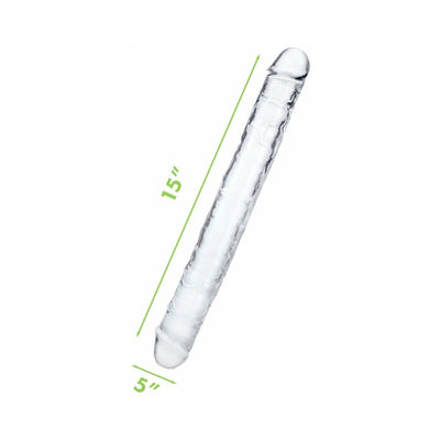Clear double-ended dildo with realistic texture, measuring 15 inches long and 5 inches girth, flexible and smooth finish.