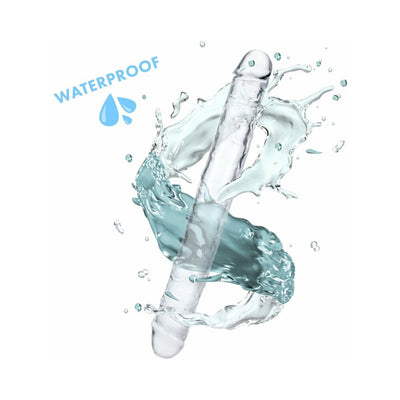 Clear double-ended dildo with realistic tips surrounded by splashing water, highlighting its waterproof feature.