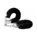 Black furry handcuffs with metal chain and locking mechanism on white background.