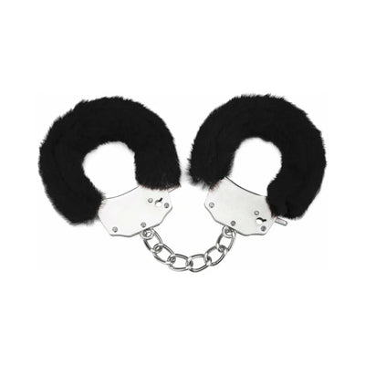 Black furry handcuffs with metal chain and locking mechanism for comfortable restraint play.