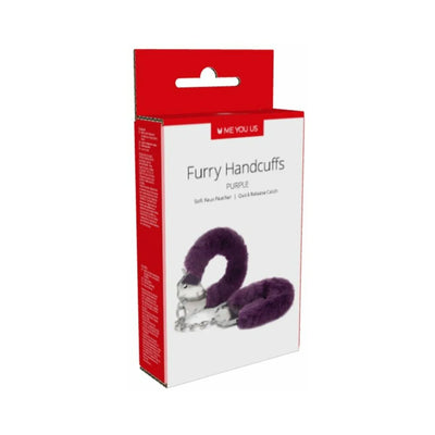 Packaging of Me You Us purple furry handcuffs with soft faux fur and metal chain restraint.