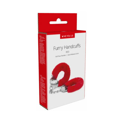 Packaging box of Me You Us red furry handcuffs with soft faux feather and metal chain restraint.
