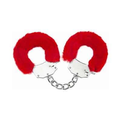 Metal handcuffs with soft red furry covers and a connecting chain for comfortable restraint.
