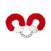 Metal handcuffs with soft red furry covers and a connecting chain for comfortable restraint.