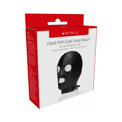 Packaging box for black PU leather hood with cut-outs for eyes, nose, and mouth by Me You Us, designed for bondage play.