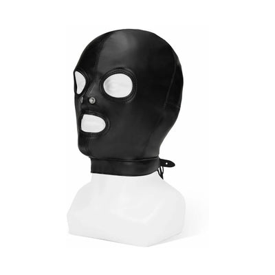 Black PU leather hood with cut-outs for eyes, nose, and mouth, designed for comfort and breathability in fetish play.