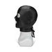 Black PU leather hood with cut-outs for eyes, nose, and mouth, featuring adjustable straps at the back for a secure fit.
