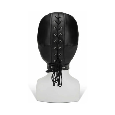Black PU leather hood with back lace-up and adjustable strap, designed for comfort and fit in fetish wear.
