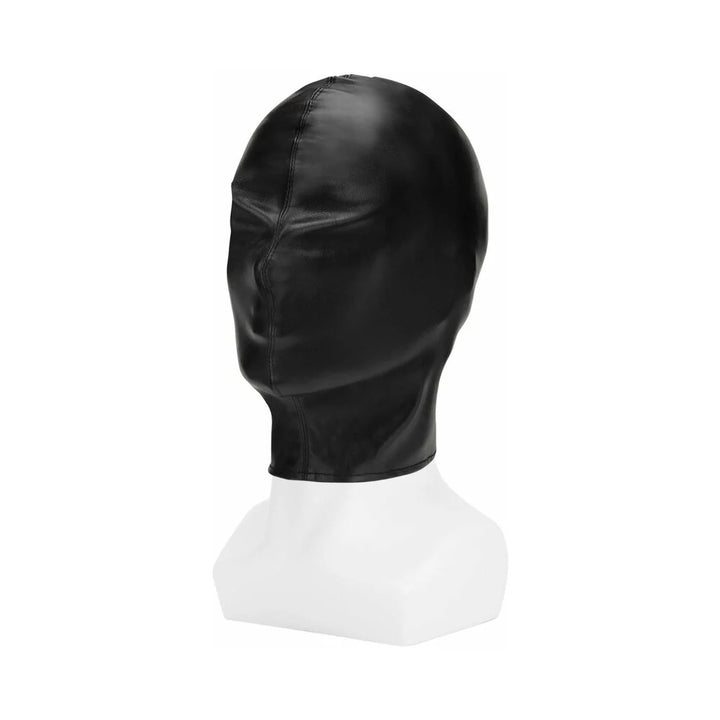 Black full coverage hood made of smooth PU leather displayed on a white mannequin head.