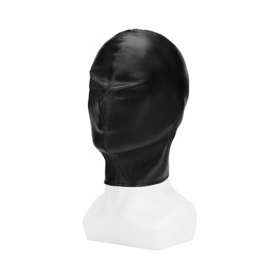 Black full coverage hood made of smooth PU leather displayed on a white mannequin head.