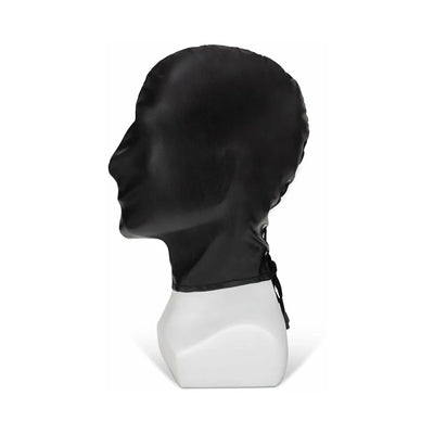 Black full coverage hood made of smooth PU leather with back tie closure displayed on a white mannequin head.