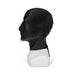 Black full coverage hood made of smooth PU leather with back tie closure displayed on a white mannequin head.
