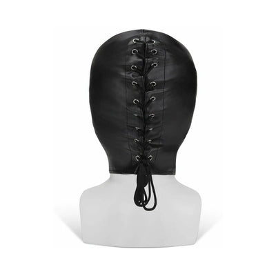 Black full coverage PU leather hood with back lace-up detail on a white mannequin bust.