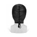 Black full coverage PU leather hood with back lace-up detail on a white mannequin bust.