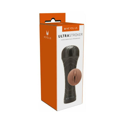 Myu Ultrastroker V1 Pussy in caramel with black textured case shown on orange and white retail packaging.