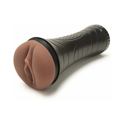Myu Ultrastroker V1 in caramel with a realistic vaginal design and textured black case for discreet storage.