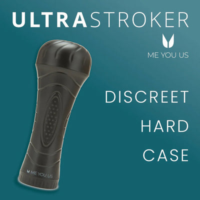 Black discreet hard case stroker with textured grip from Me You Us Ultrastroker collection on teal background.