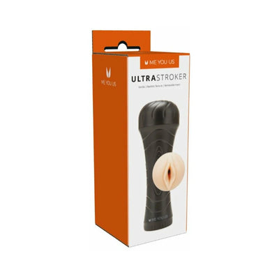 Packaging box of Myu Ultrastroker V2 male stroker with vanilla-colored realistic insert and ergonomic black grip case.