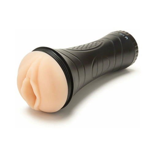 Myu Ultrastroker V2 male masturbator with vanilla-colored soft TPE sleeve and black ergonomic grip case.