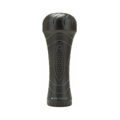 Black ergonomic male stroker case with textured grip and Me You Us branding at the base, standing upright on white background.