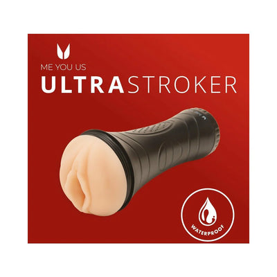 Myu Ultrastroker V2 male masturbator in vanilla with ergonomic black grip case, waterproof design on red background.