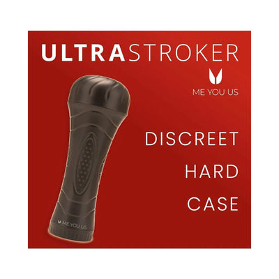Myu Ultrastroker V2 male stroker in black with discreet hard case on red background with branding text.