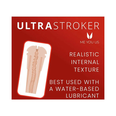 Diagram of Myu Ultrastroker V2 internal texture highlighting realistic design and water-based lubricant recommendation on red background.
