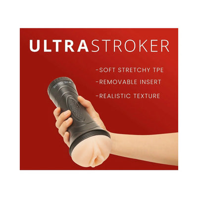 Hand holding a black textured male stroker with a soft, realistic, removable vanilla-colored insert against a red background.