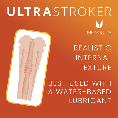 Diagram of Myu Ultrastroker V4 showing realistic internal texture and recommendation for water-based lubricant use.
