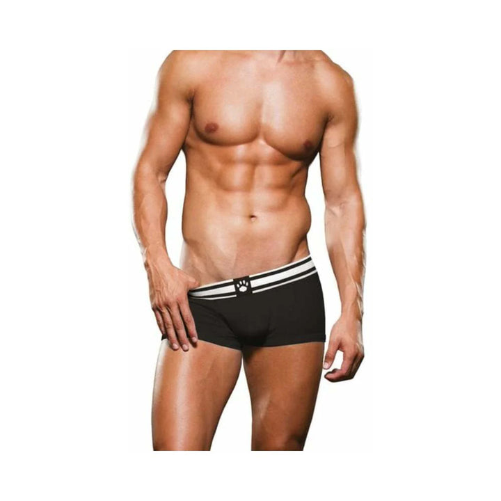 Male model wearing black Prowler trunk with black and white waistband and paw logo on a white background.