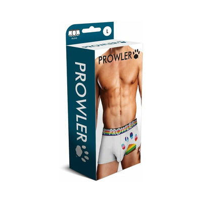 Packaging of Prowler white men's trunks with rainbow paw print and waistband, size large.
